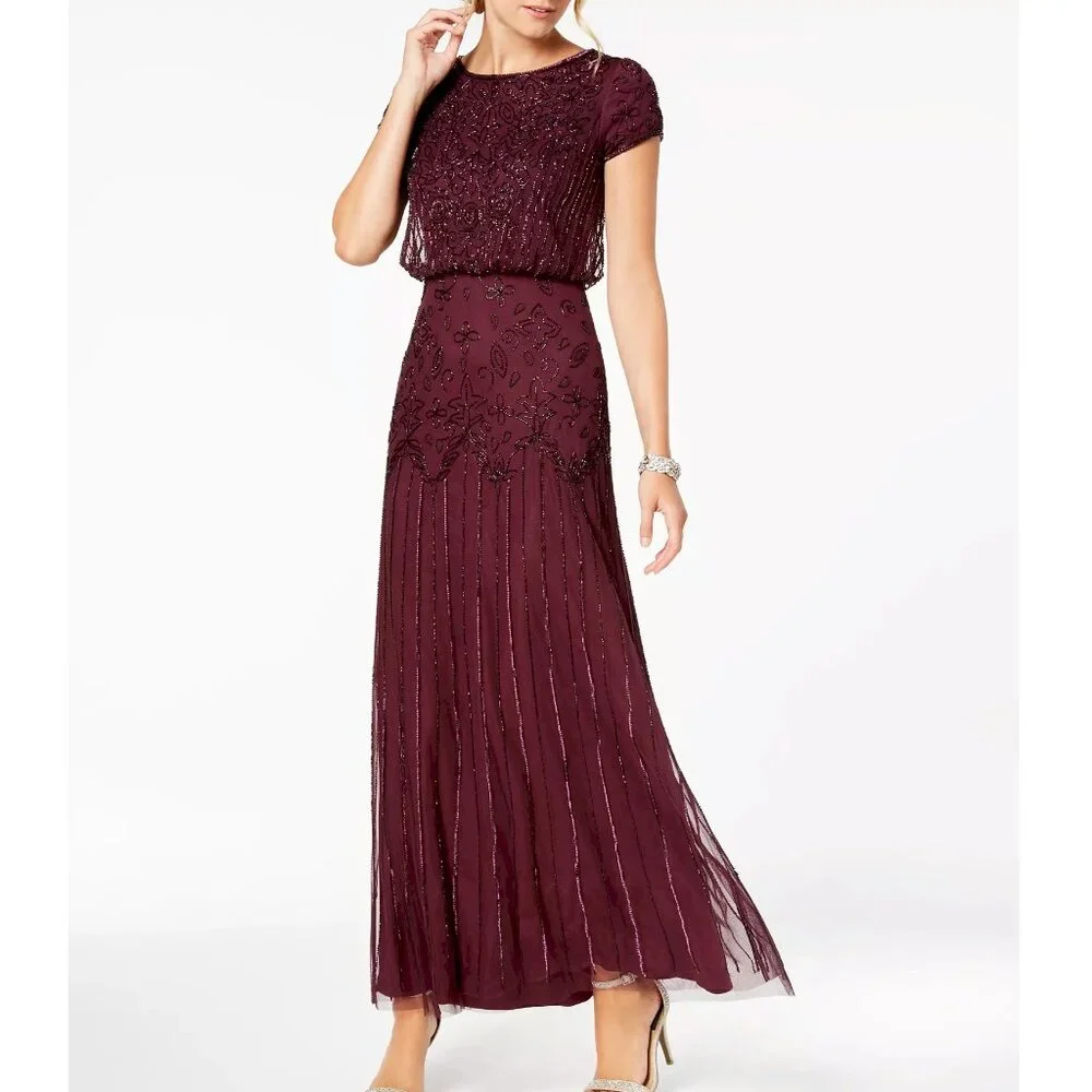 Adrianna Papell Plum Beaded Short-Sleeve Maxi Gown Size 6 Missing Sequins NWT